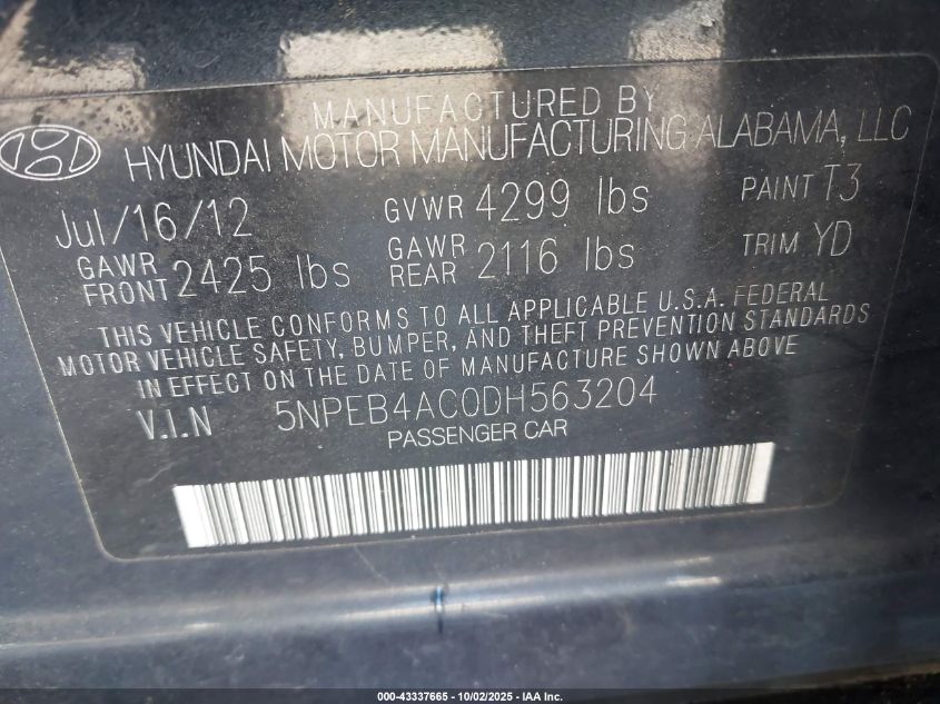 2013 Hyundai Sonata Gls VIN: 5NPEB4AC0DH563204 Lot: 43337665