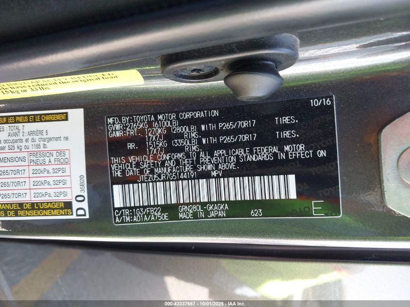 2016 Toyota 4Runner Sr5 VIN: JTEZU5JR7G5144191 Lot: 43337667