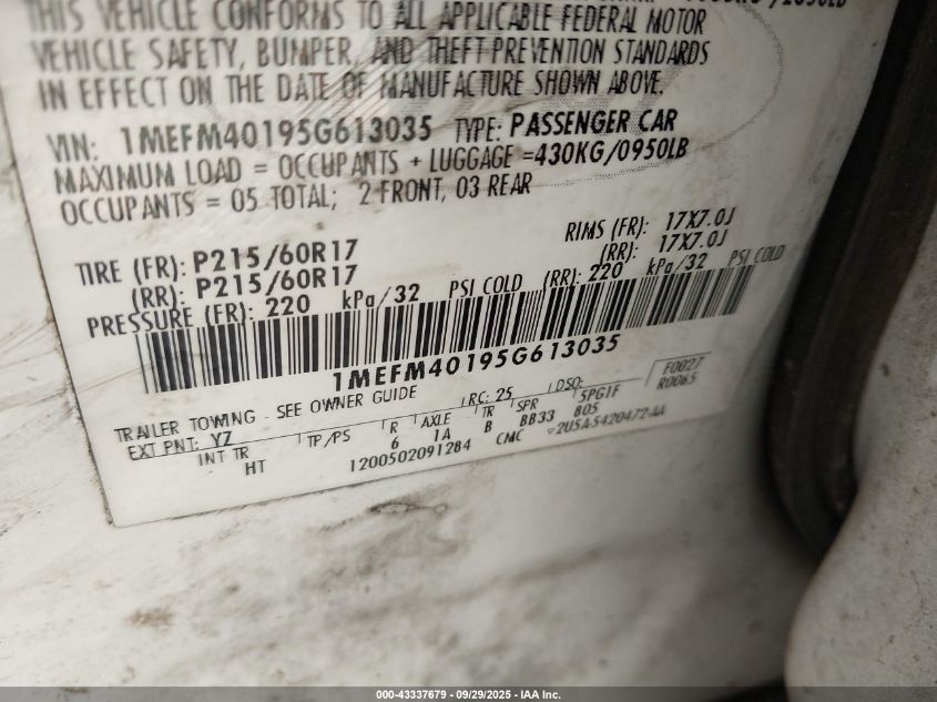 2005 Mercury Montego Luxury VIN: 1MEFM40195G613035 Lot: 43337679