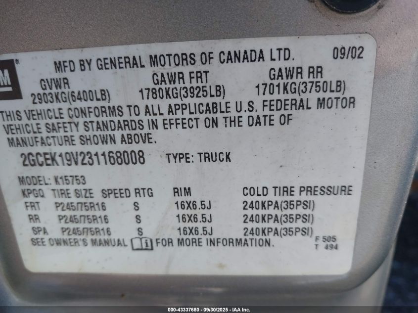 2003 Chevrolet Silverado 1500 VIN: 2GCEK19V231168008 Lot: 43337680