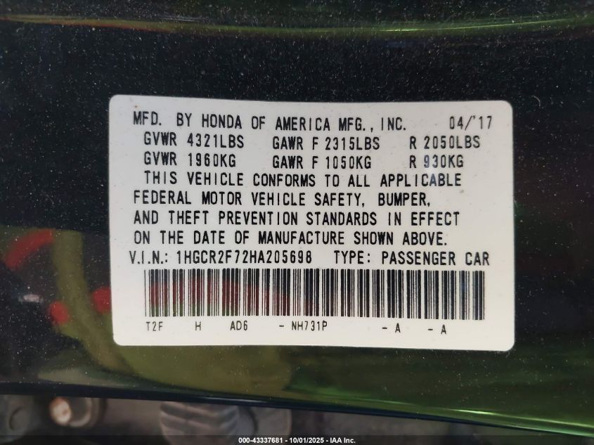 2017 Honda Accord Ex VIN: 1HGCR2F72HA205698 Lot: 43337681
