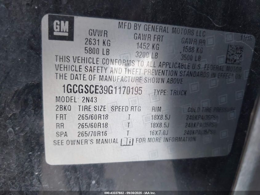 2016 Chevrolet Colorado Lt VIN: 1GCGSCE39G1170195 Lot: 43337682