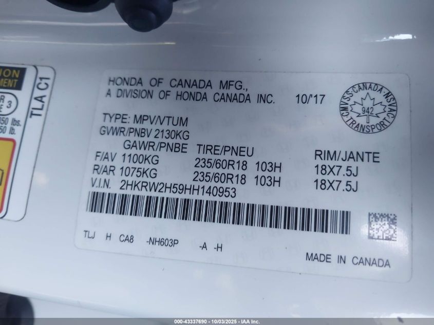 2017 Honda Cr-V Ex VIN: 2HKRW2H59HH140953 Lot: 43337690