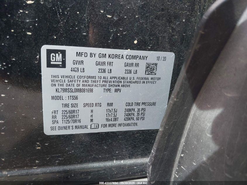 2021 Chevrolet Trailblazer Awd Activ VIN: KL79MSSL0MB081698 Lot: 43337694