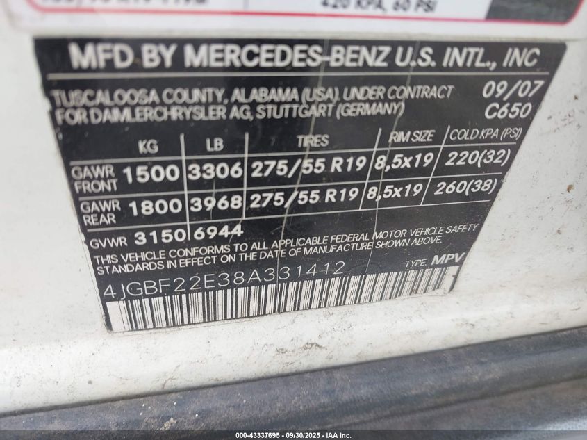 2008 Mercedes-Benz Gl 320 Cdi 4Matic VIN: 4JGBF22E38A331412 Lot: 43337695