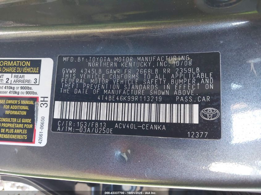 2009 Toyota Camry Le VIN: 4T4BE46K99R113219 Lot: 43337700