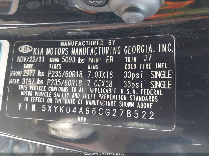 2012 Kia Sorento Ex VIN: 5XYKU4A66CG278522 Lot: 43337711