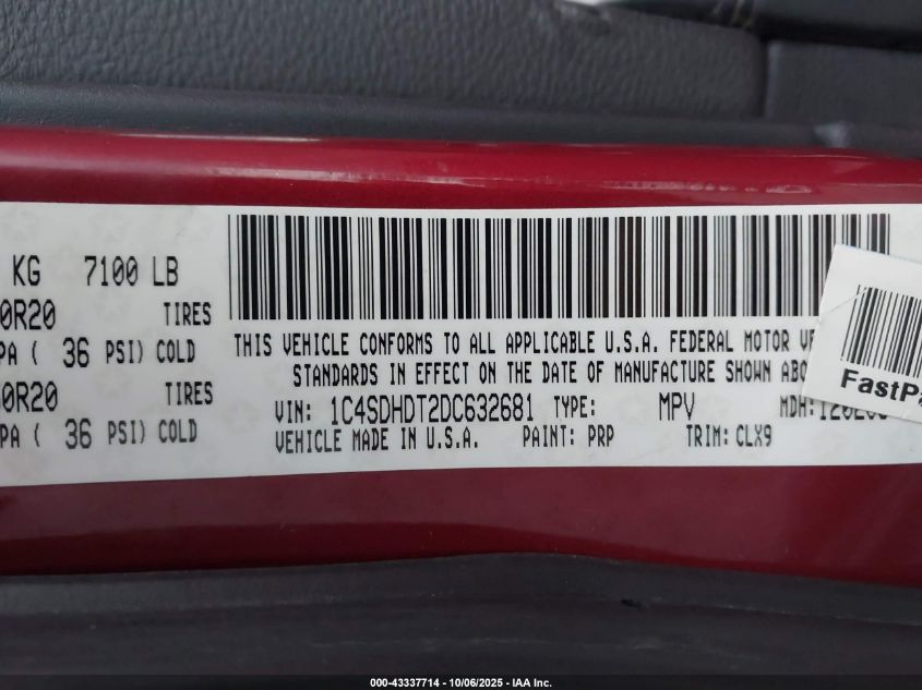 2013 Dodge Durango Crew VIN: 1C4SDHDT2DC632681 Lot: 43337714
