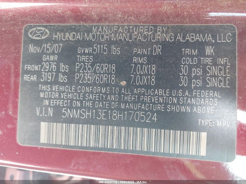 2008 Hyundai Santa Fe Limited/Se VIN: 5NMSH13E18H170524 Lot: 43337716