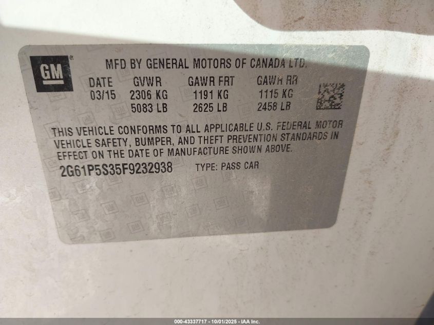 2015 Cadillac Xts Premium VIN: 2G61P5S35F9232938 Lot: 43337717