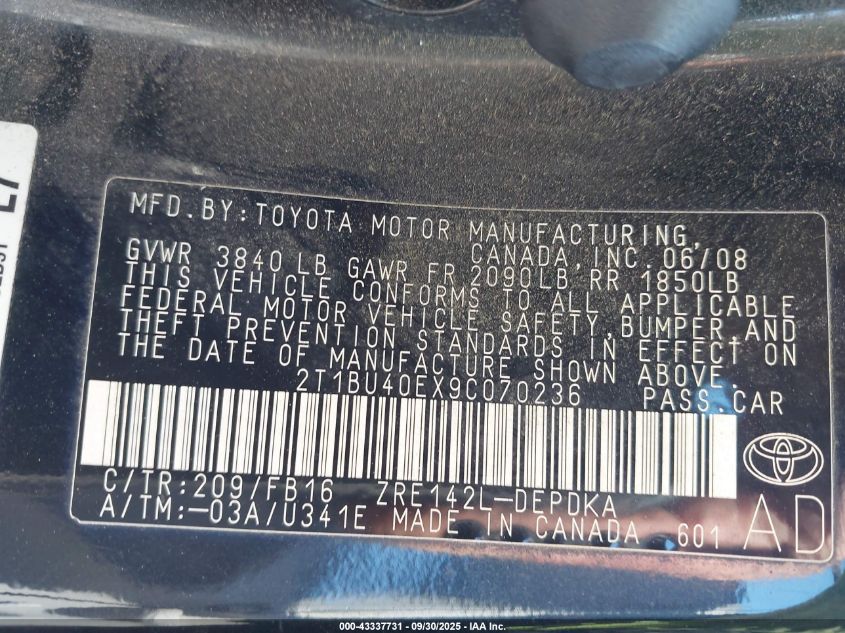 2009 Toyota Corolla VIN: 2T1BU40EX9C070236 Lot: 43337731