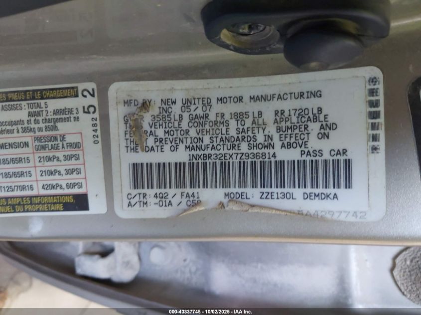 2007 Toyota Corolla Ce VIN: 1NXBR32EX7Z936814 Lot: 43337745