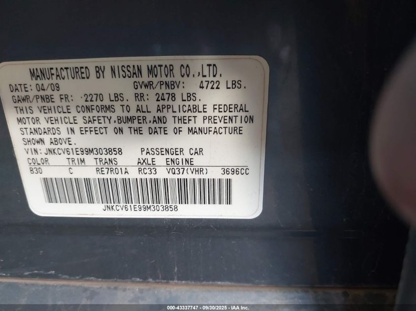 2009 Infiniti G37 Journey VIN: JNKCV61E99M303858 Lot: 43337747