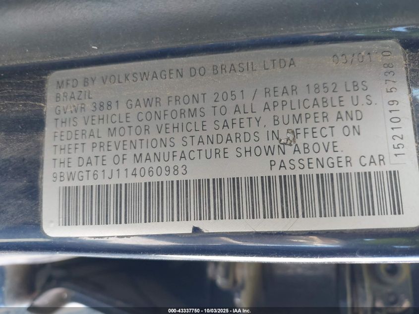 2001 Volkswagen Golf Gls VIN: 9BWGT61J114060983 Lot: 43337750