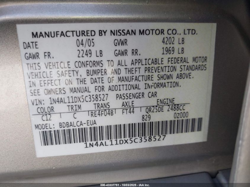 2005 Nissan Altima 2.5 S VIN: 1N4AL11DX5C358527 Lot: 43337751