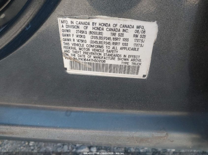 2007 Honda Ridgeline Rts VIN: 2HJYK16447H502136 Lot: 43337759