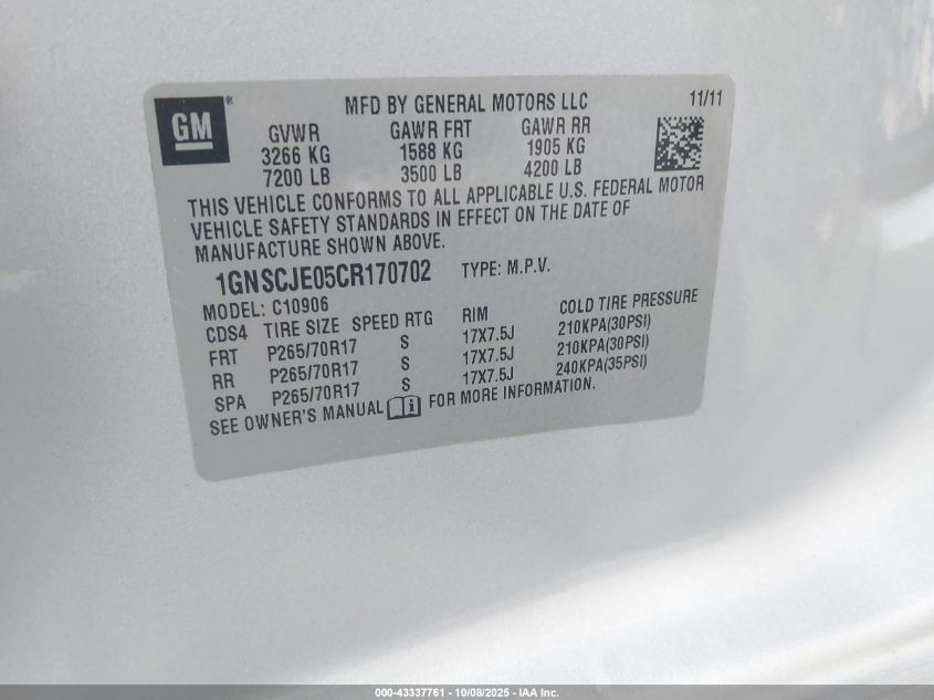 2012 Chevrolet Suburban 1500 Lt VIN: 1GNSCJE05CR170702 Lot: 43337761