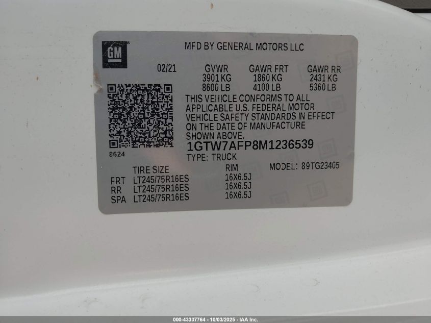 2021 GMC Savana Cargo Rwd 2500 Regular Wheelbase Work Van VIN: 1GTW7AFP8M1236539 Lot: 43337764