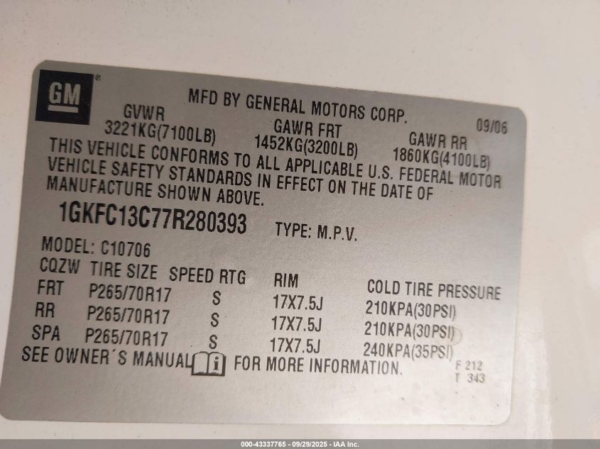 2007 GMC Yukon Sle VIN: 1GKFC13C77R280393 Lot: 43337765