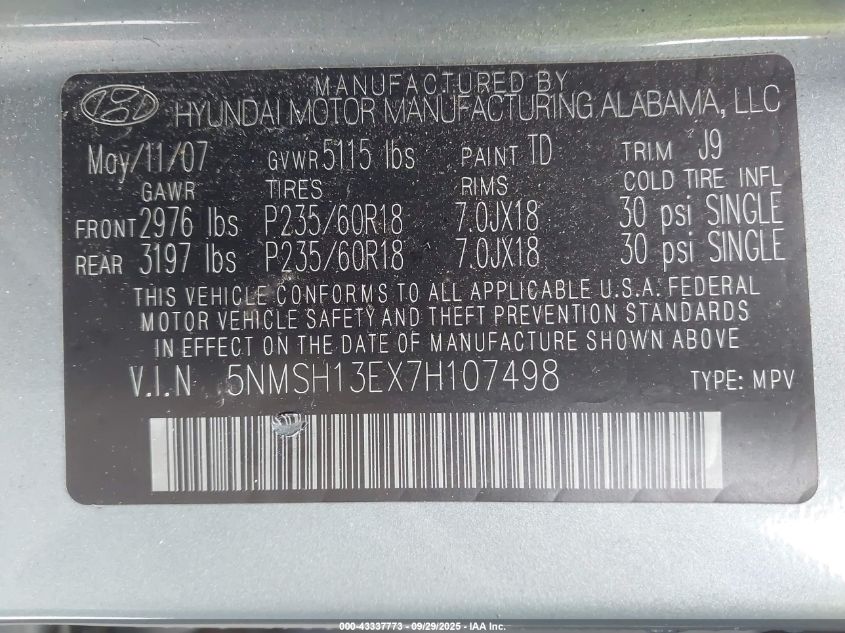 2007 Hyundai Santa Fe Limited/Se VIN: 5NMSH13EX7H107498 Lot: 43337773