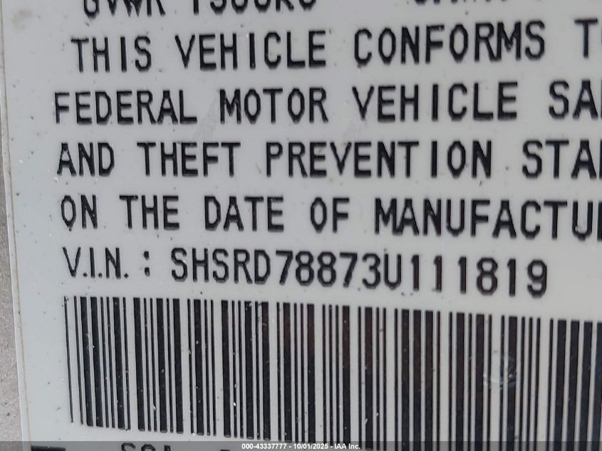 2003 Honda Cr-V Ex VIN: SHSRD78873U111819 Lot: 43337777