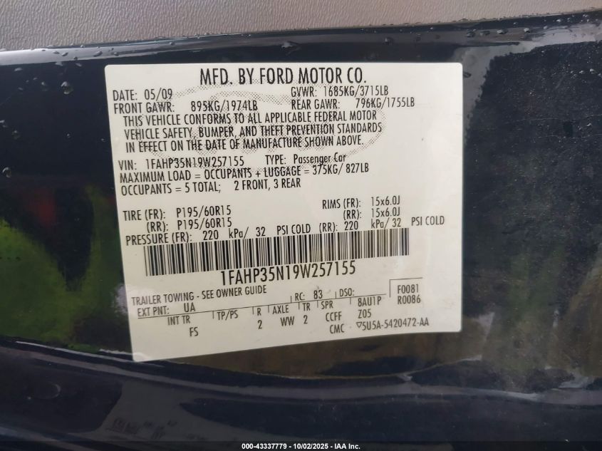 2009 Ford Focus Se VIN: 1FAHP35N19W257155 Lot: 43337779