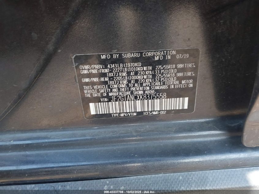 2019 Subaru Crosstrek 2.0I Limited VIN: JF2GTANCXK8375558 Lot: 43337786