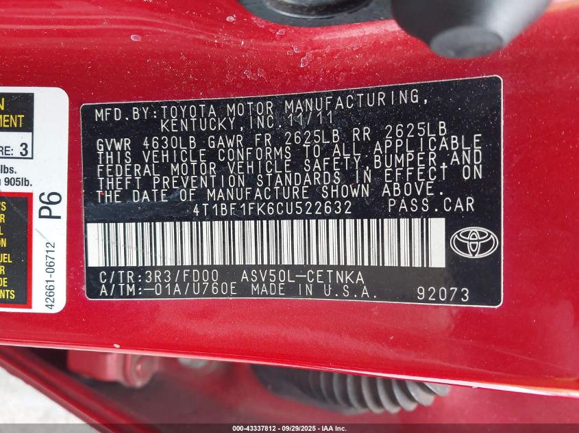 2012 Toyota Camry Le VIN: 4T1BF1FK6CU522632 Lot: 43337812