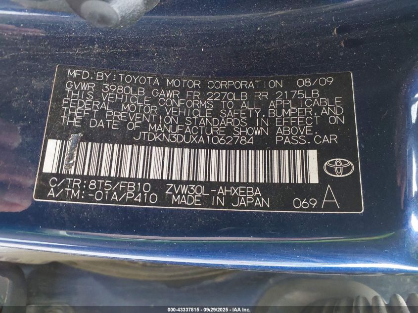 2010 Toyota Prius Iii VIN: JTDKN3DUXA1062784 Lot: 43337815