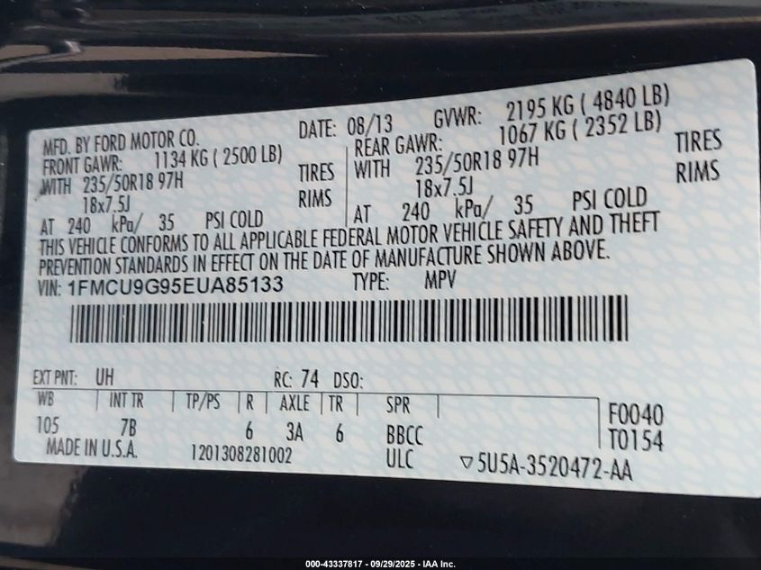 2014 Ford Escape Se VIN: 1FMCU9G95EUA85133 Lot: 43337817