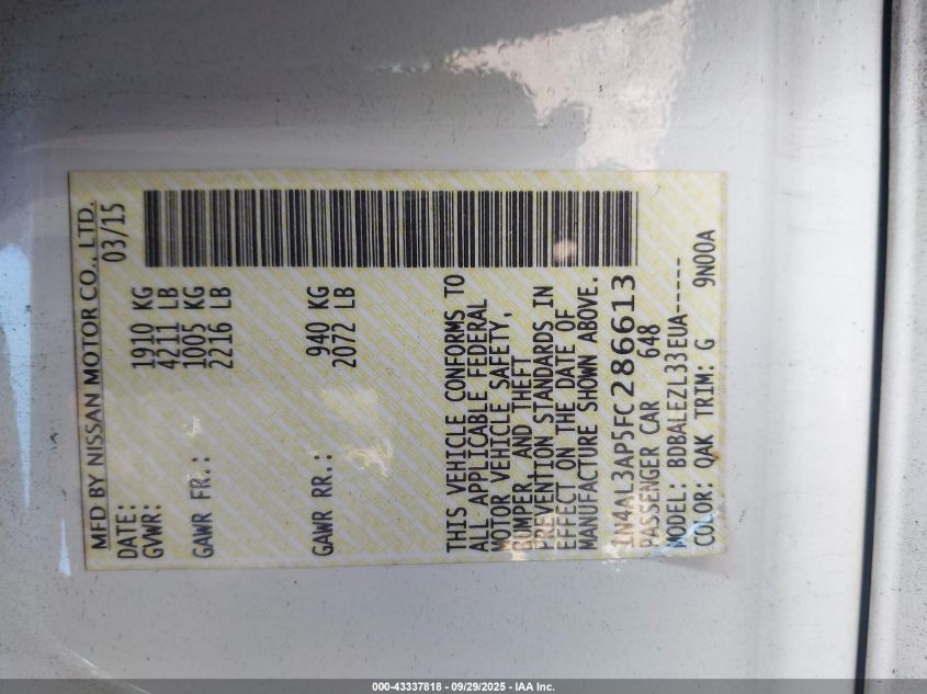 2015 Nissan Altima 2.5/2.5 S/2.5 Sl/2.5 Sv VIN: 1N4AL3AP5FC286613 Lot: 43337818