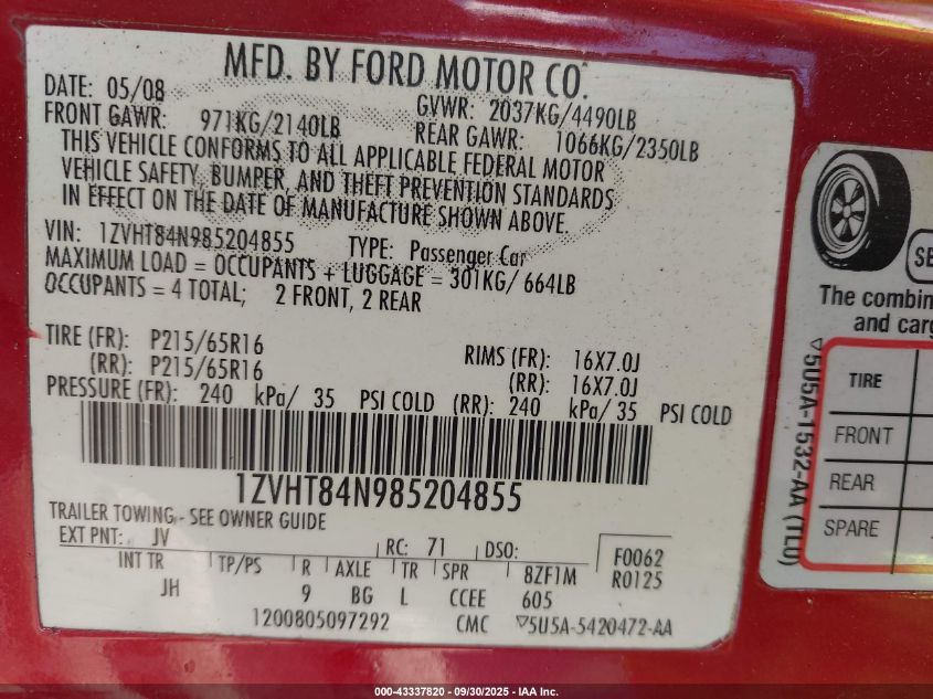 2008 Ford Mustang V6 Deluxe/V6 Premium VIN: 1ZVHT84N985204855 Lot: 43337820