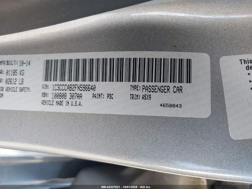 2015 Chrysler 200 Limited VIN: 1C3CCCAB2FN596640 Lot: 43337821