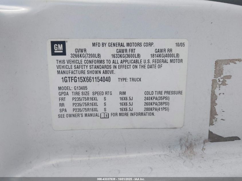 2006 GMC Savana Work Van VIN: 1GTFG15X661154040 Lot: 43337839