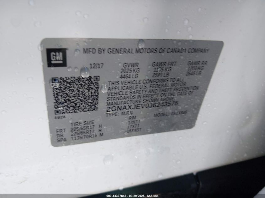 2018 Chevrolet Equinox Lt VIN: 2GNAXJEV0J6243575 Lot: 43337843