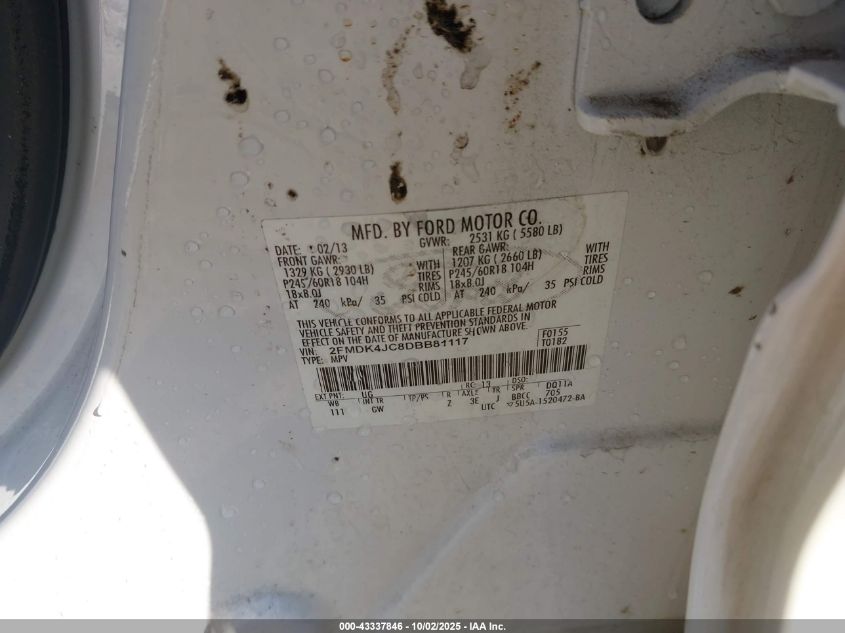 2013 Ford Edge Sel VIN: 2FMDK4JC8DBB81117 Lot: 43337846