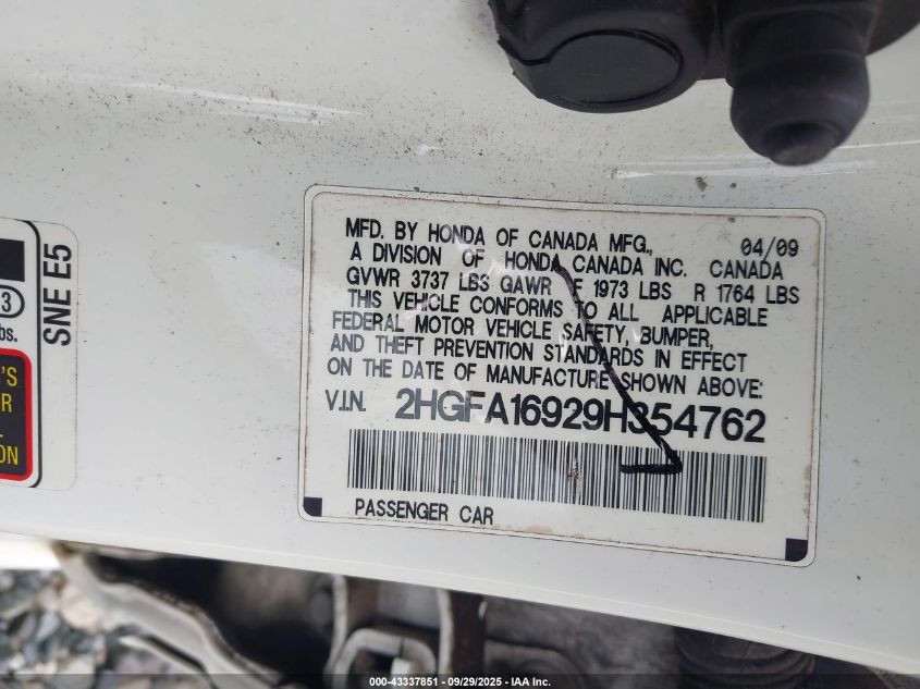 2009 Honda Civic Ex-L VIN: 2HGFA16929H354762 Lot: 43337851