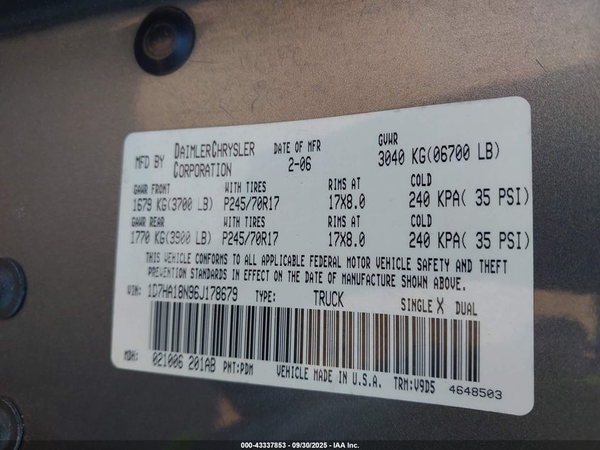 2006 Dodge Ram 1500 Slt VIN: 1D7HA18N96J178679 Lot: 43337853