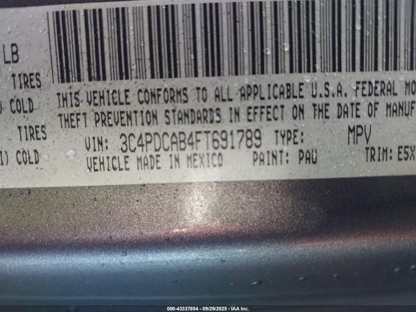 2015 Dodge Journey American Value Pkg VIN: 3C4PDCAB4FT691789 Lot: 43337854