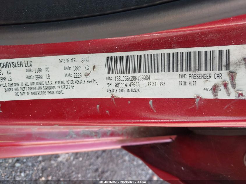 2008 Dodge Avenger Sxt VIN: 1B3LC56K28N130064 Lot: 43337856