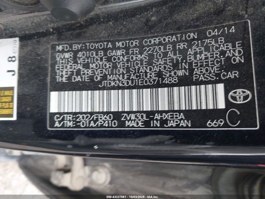 2014 Toyota Prius Two VIN: JTDKN3DU1E0371488 Lot: 43337861