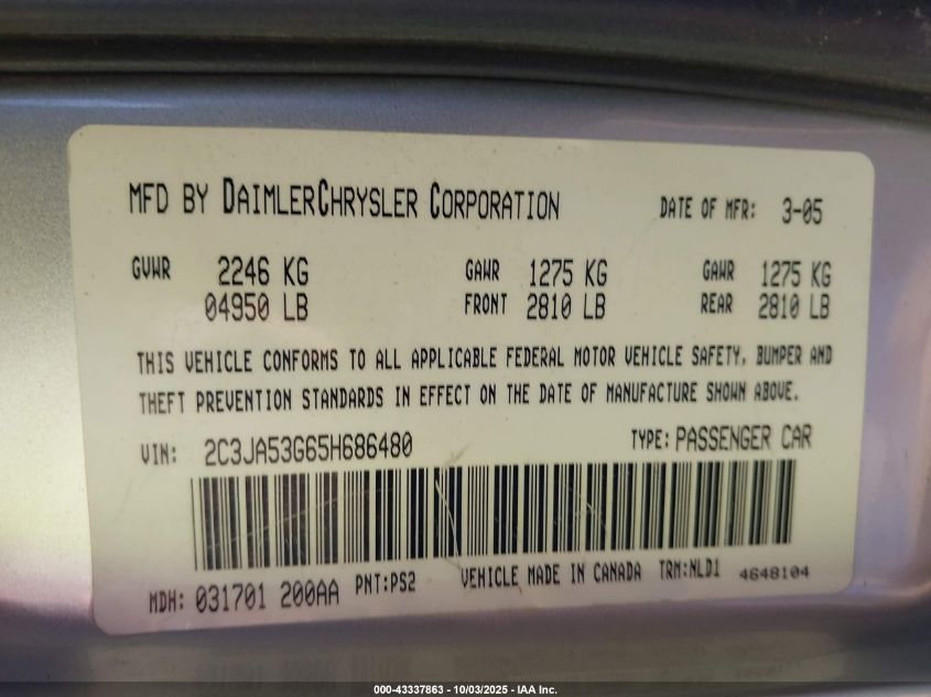 2005 Chrysler 300 Touring VIN: 2C3JA53G65H686480 Lot: 43337863