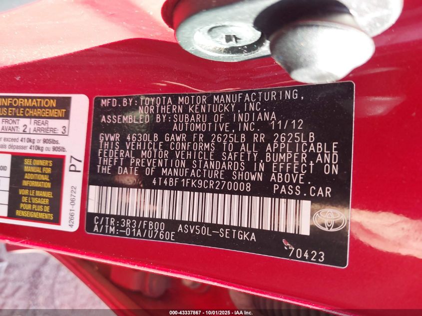 2012 Toyota Camry Xle VIN: 4T4BF1FK9CR270008 Lot: 43337867