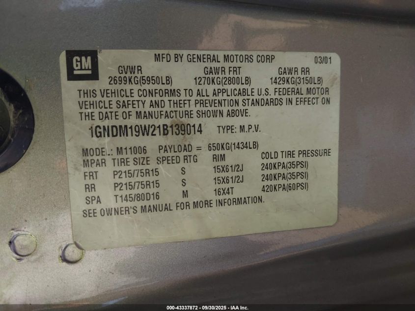 2001 Chevrolet Astro Ls VIN: 1GNDM19W21B139014 Lot: 43337872