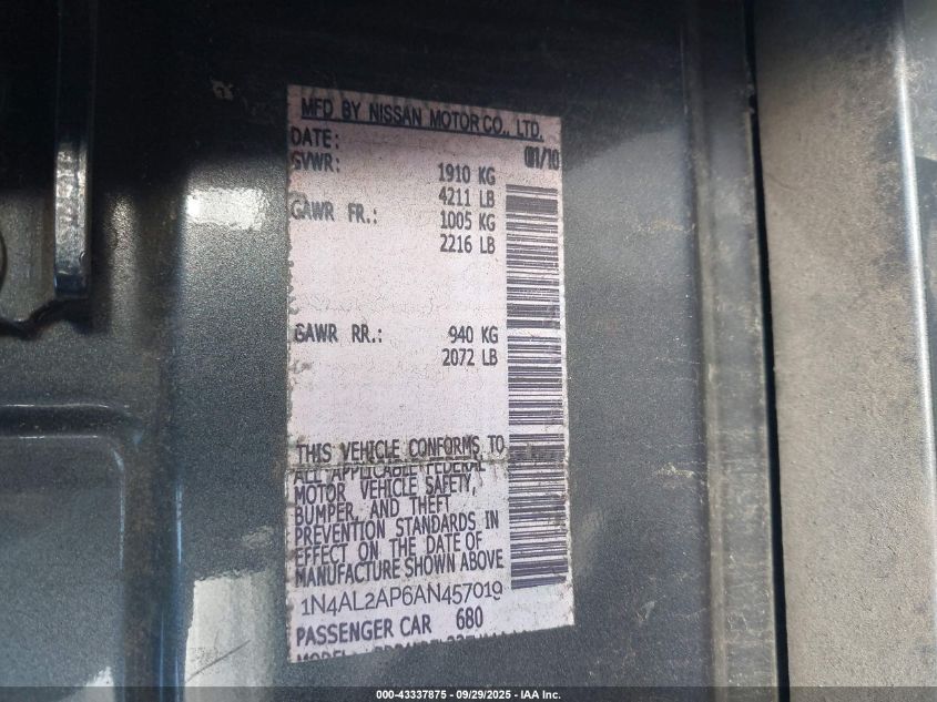 2010 Nissan Altima 2.5 S VIN: 1N4AL2AP6AN457019 Lot: 43359971