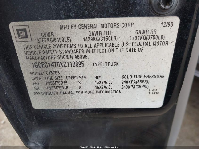 1999 Chevrolet Silverado 1500 Ls VIN: 1GCEC14T6XZ118695 Lot: 43337880