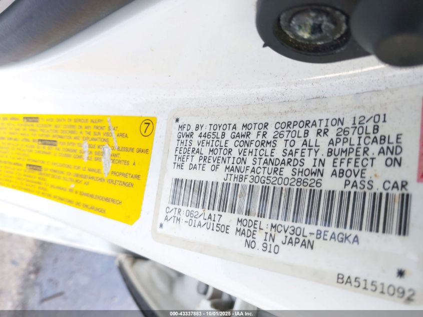 2002 Lexus Es 300 Base (A4) VIN: JTHBF30G520028626 Lot: 43337883