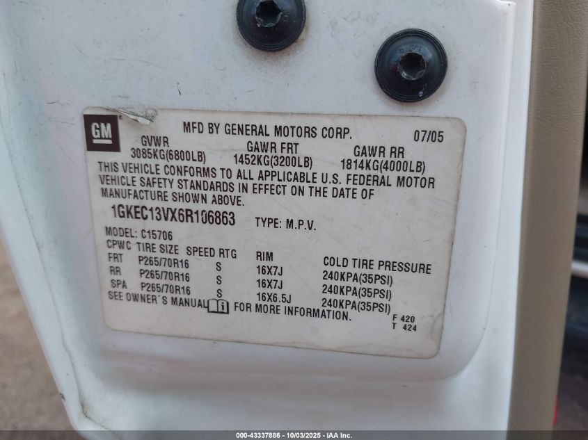 2006 GMC Yukon Sle VIN: 1GKEC13VX6R106863 Lot: 43337886
