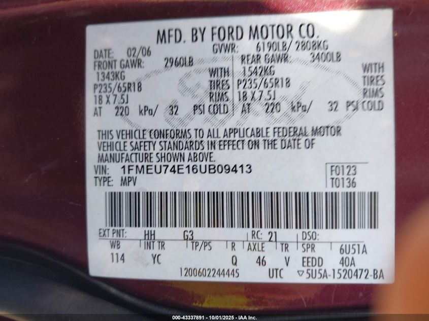 2006 Ford Explorer Eddie Bauer VIN: 1FMEU74E16UB09413 Lot: 43337891