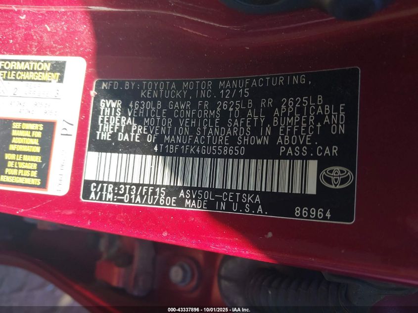 2016 Toyota Camry Se VIN: 4T1BF1FK4GU558650 Lot: 43337896